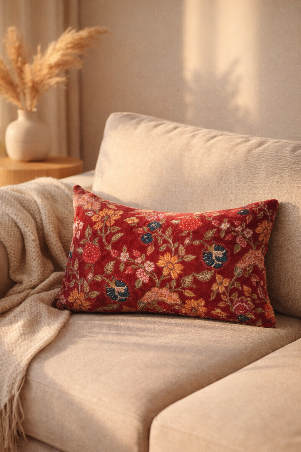Glam Thread crimson velvet floral cushion cover 50x30cm accent for interiors