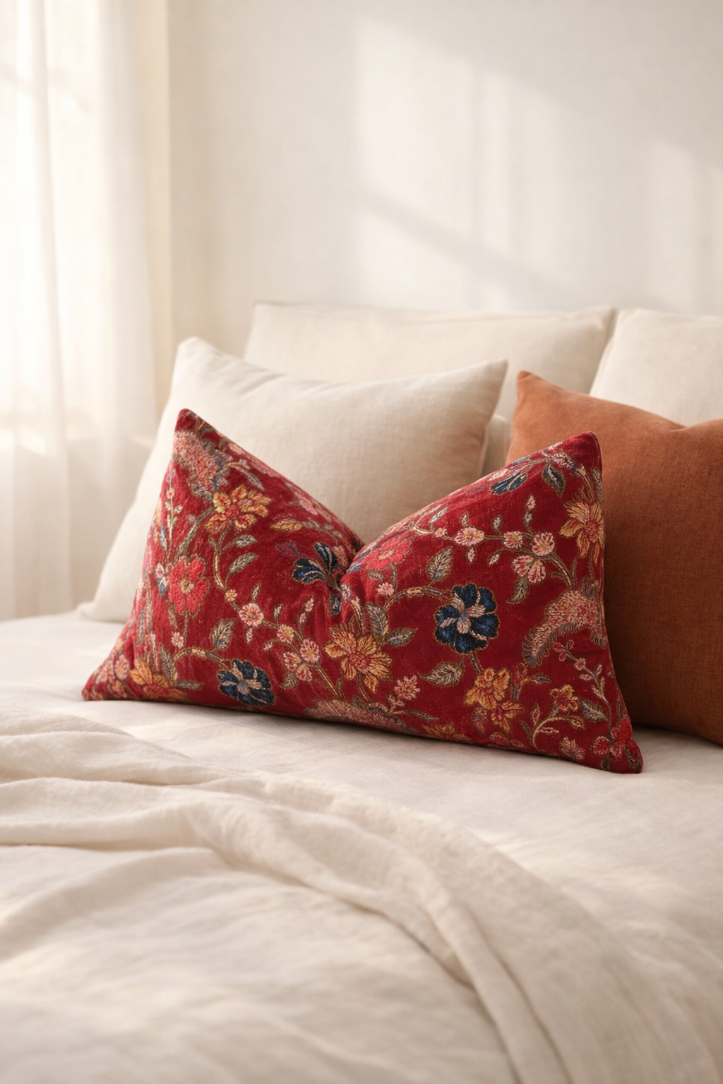 Crimson floral velvet lumbar cushion cover 50x30cm for glam home decor