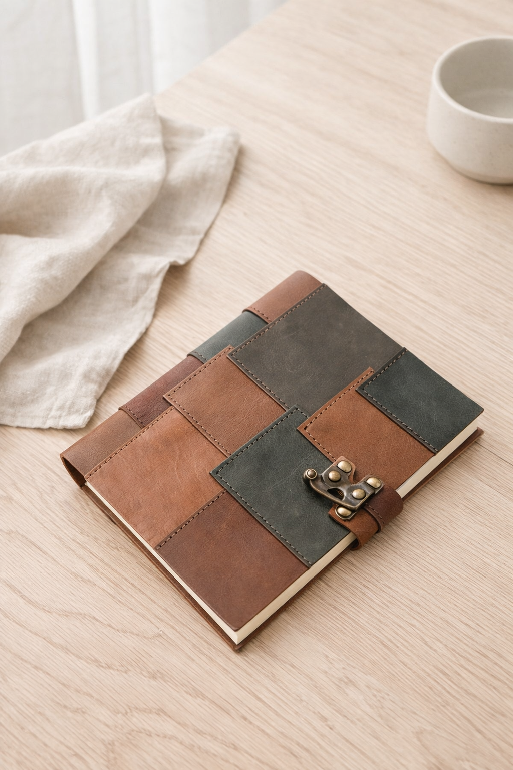 Premium handcrafted leather notebook with patchwork design and clasp, trendy journal for everyday use and gifting
