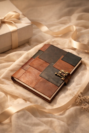 Glam handmade leather patchwork notebook with antique clasp, premium journal for modern creatives