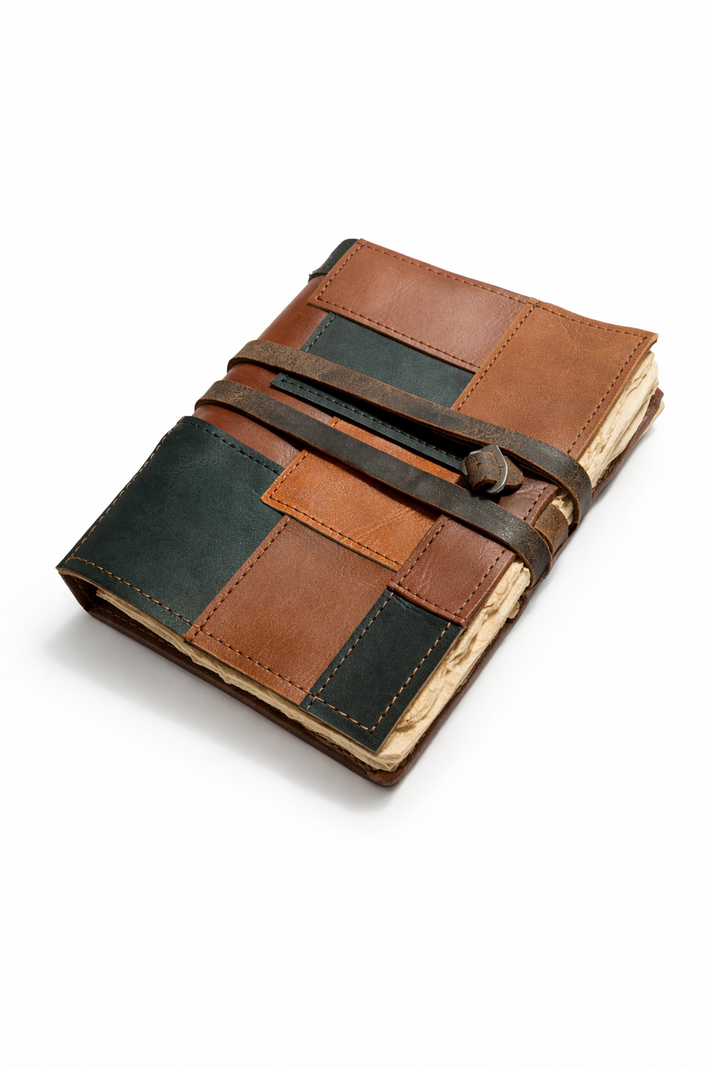 Premium handcrafted leather journal with patchwork cover and wrap closure, trendy notebook for creatives