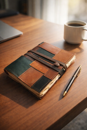Luxury leather patchwork journal with wrap closure and vintage deckle edge pages, chic handmade notebook