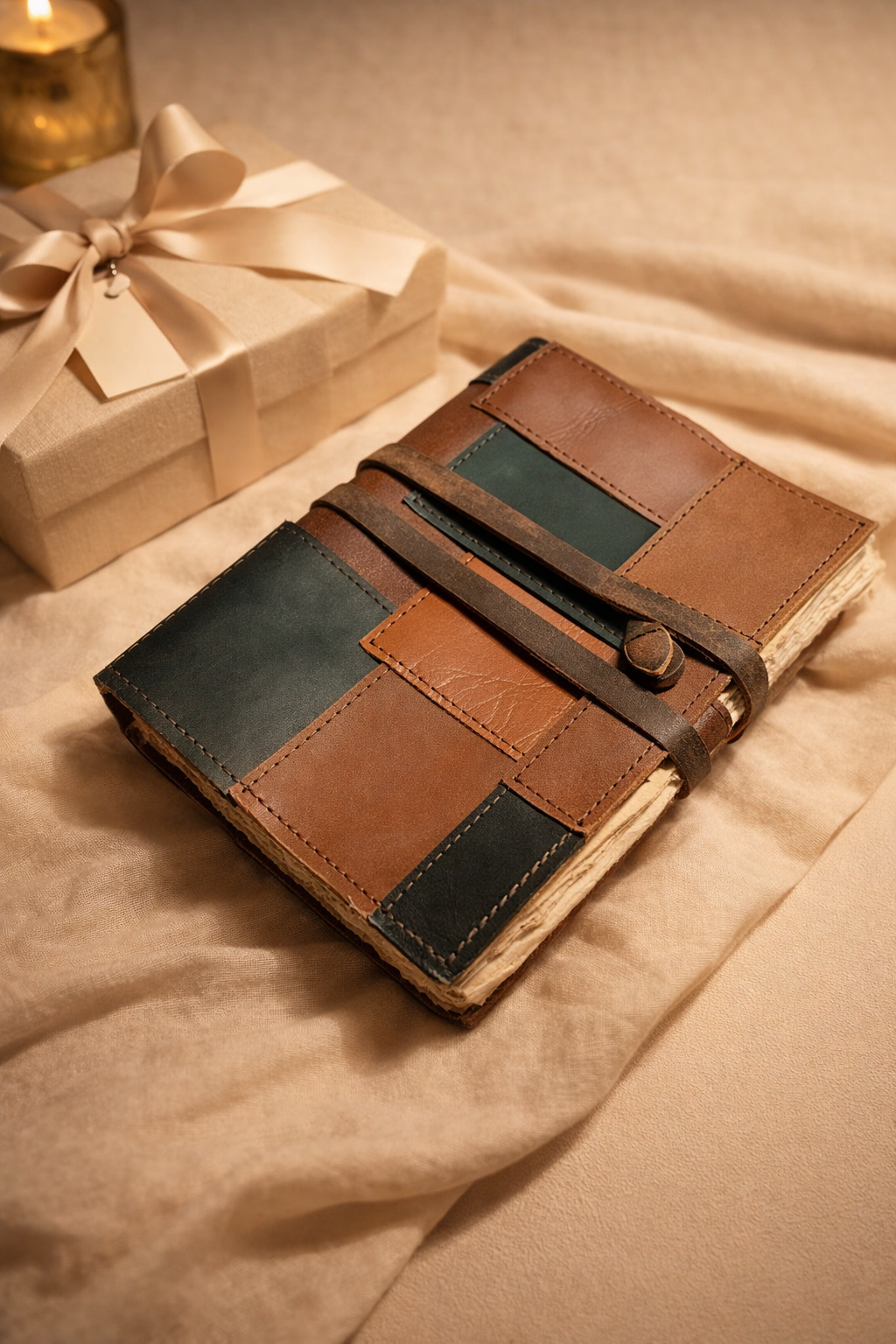 Stylish leather patchwork journal with wrap strap closure and deckle edge paper, elegant travel notebook