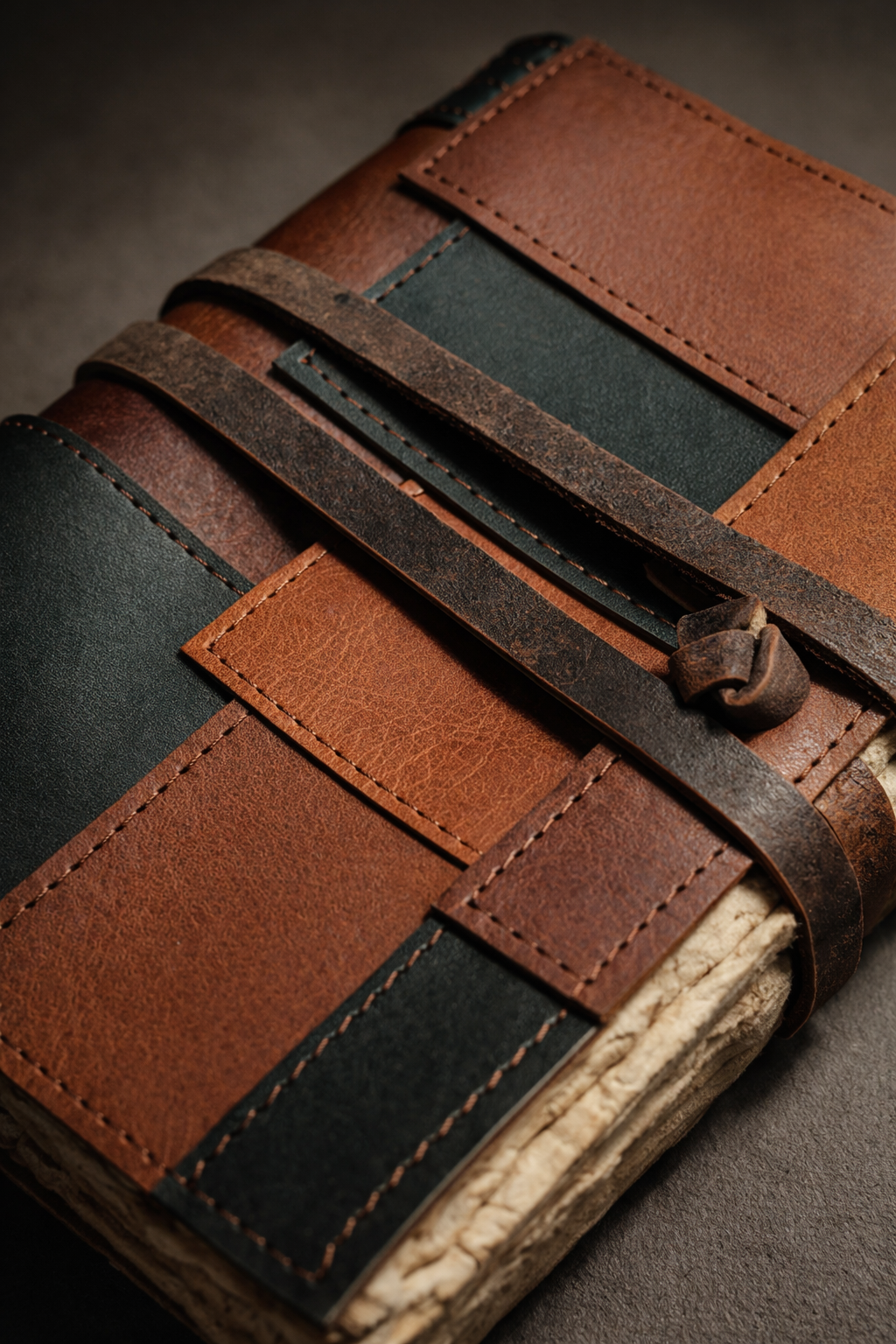 Glam handmade leather patchwork notebook with wrap tie closure, premium journal for stylish journaling