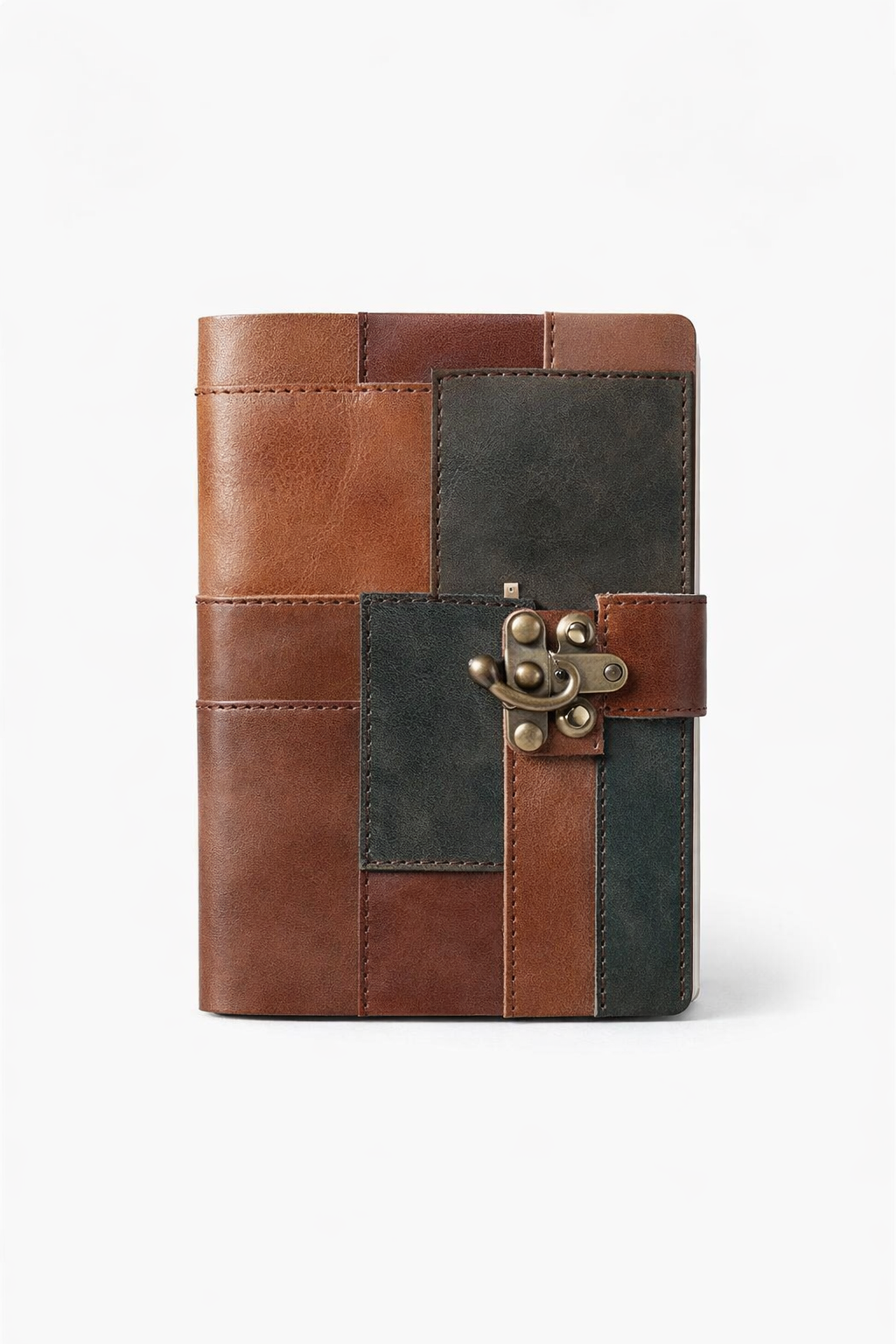 Stylish leather patchwork journal with vintage closure, elegant travel notebook for writing and sketching