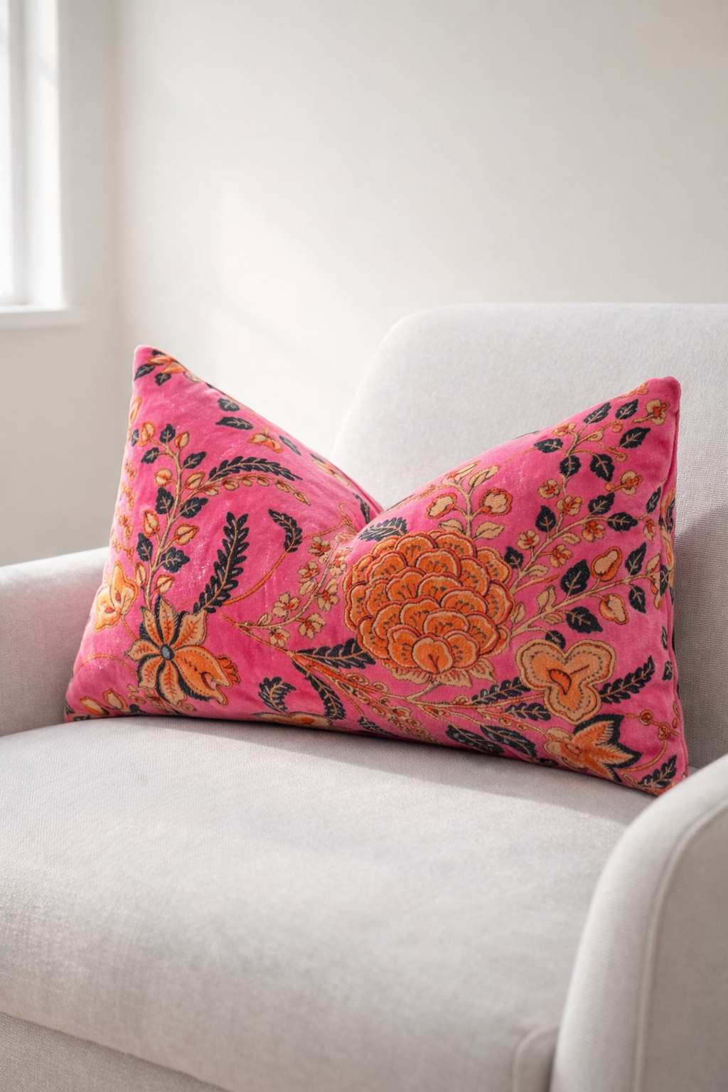 Glam Thread pink velvet floral lumbar pillow cover 50x30cm for sofa and bed