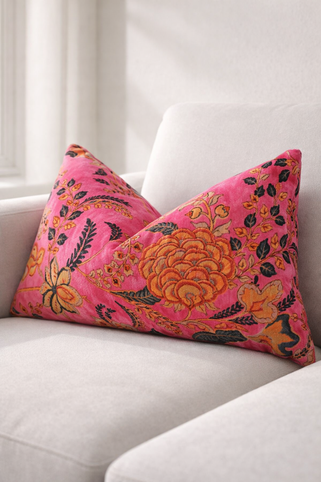 Pink vintage floral velvet lumbar cushion cover 50x30cm for glam home decor