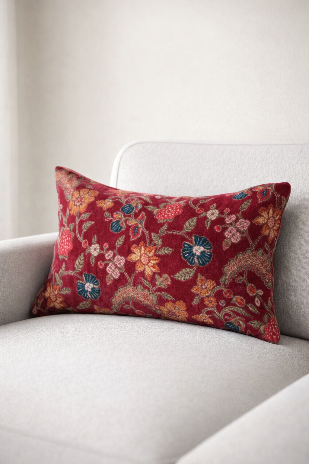 Luxury crimson velvet cushion cover with floral design rectangular 50x30cm