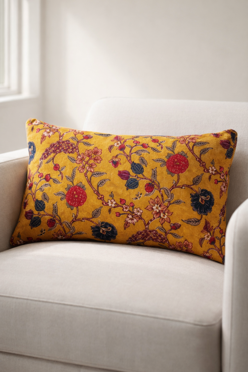 Luxury mustard velvet cushion cover with vintage floral design rectangular 50x30cm