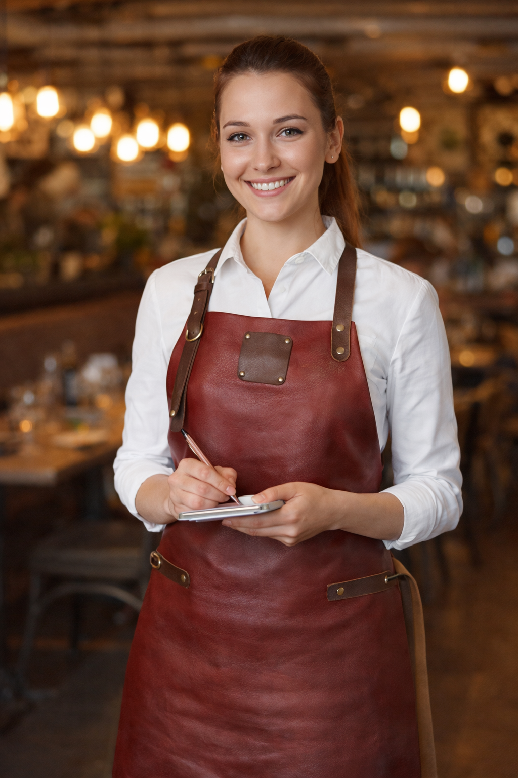 Stylish red leather apron with clean minimal design for professionals
