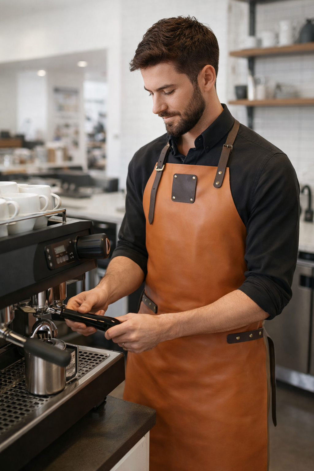 Handcrafted cognac tan leather apron with signature finish design