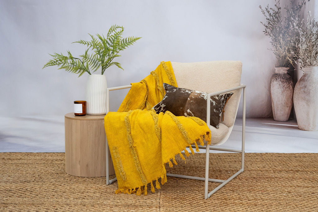 Golden Mustard Cotton Throw - Handwoven Boho Textured Blanket
