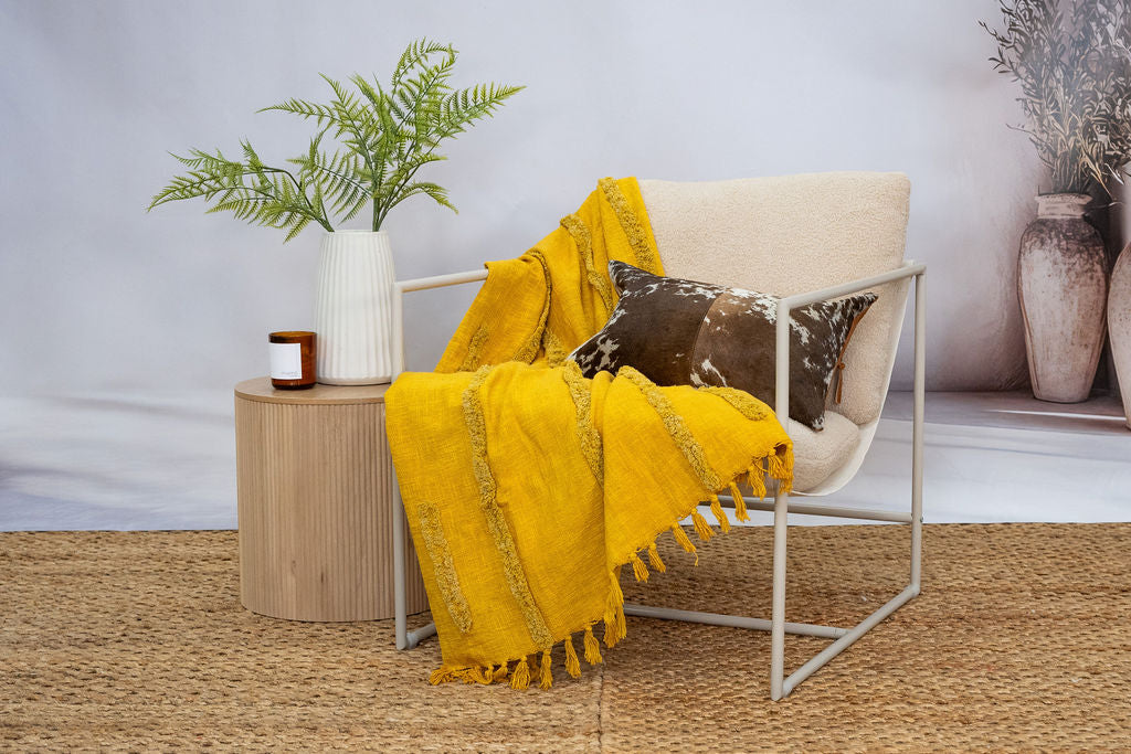 Golden Mustard Cotton Throw - Handwoven Boho Textured Blanket