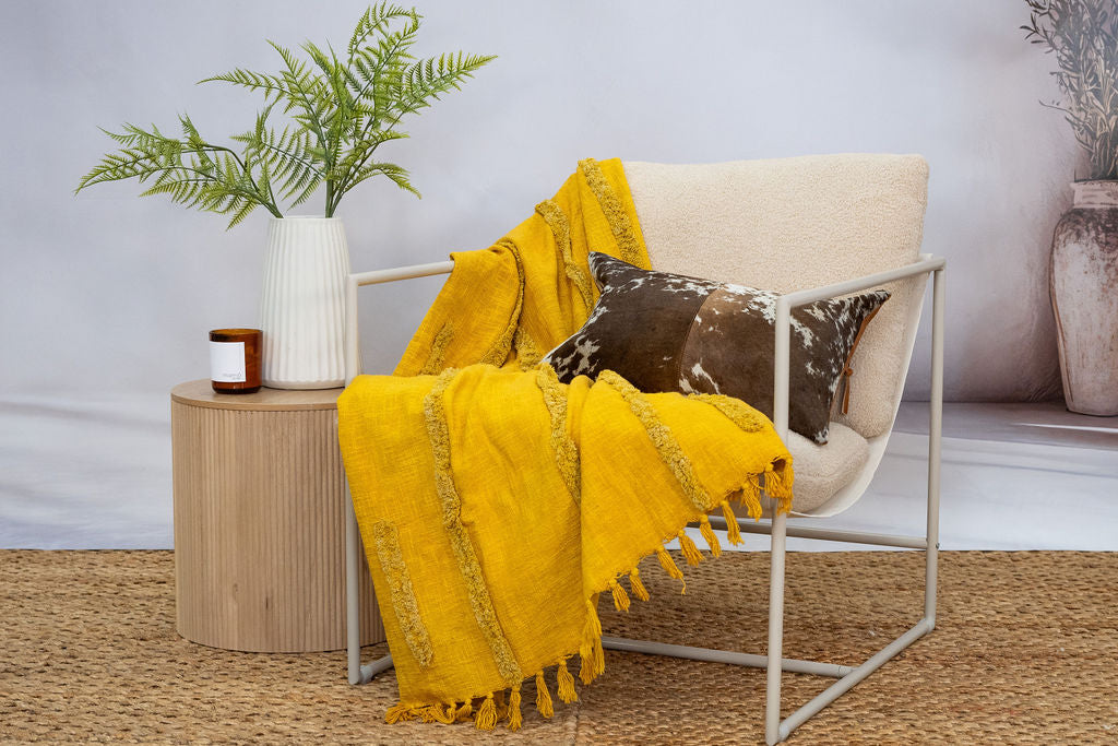 Golden Mustard Cotton Throw - Handwoven Boho Textured Blanket