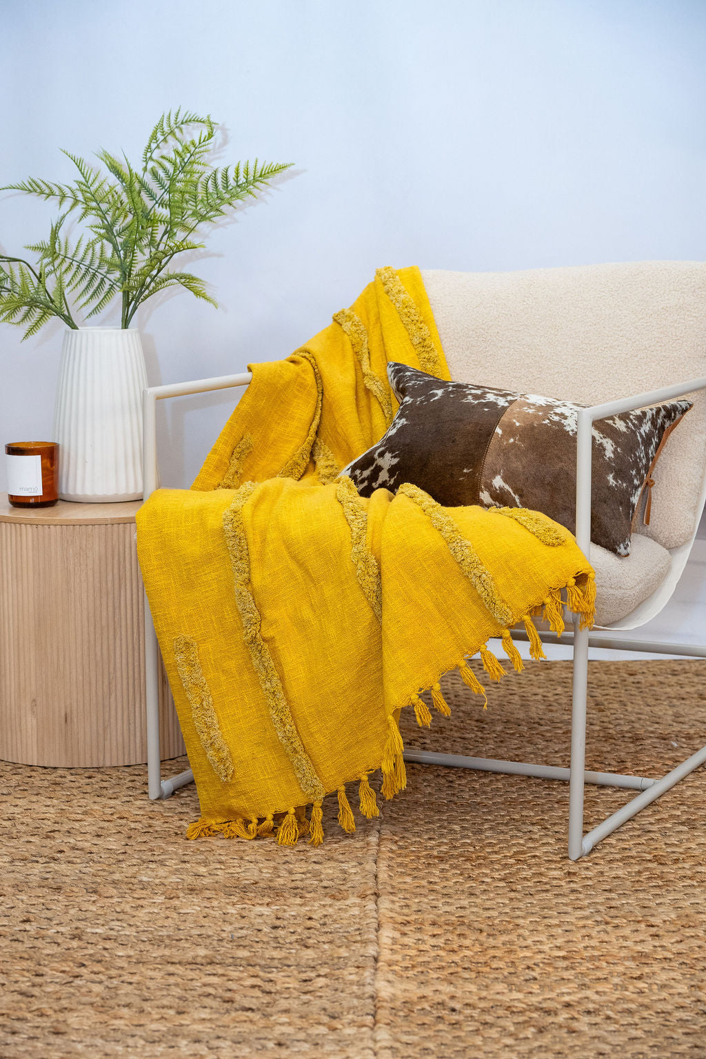Golden Mustard Cotton Throw - Handwoven Boho Textured Blanket