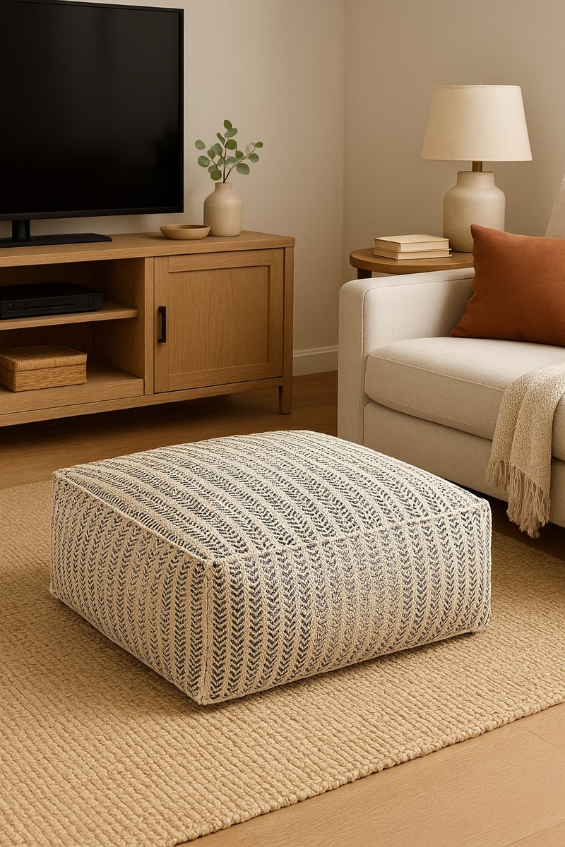 Handwoven cotton ottoman pouf with textured neutral weave styled in a modern boho living room