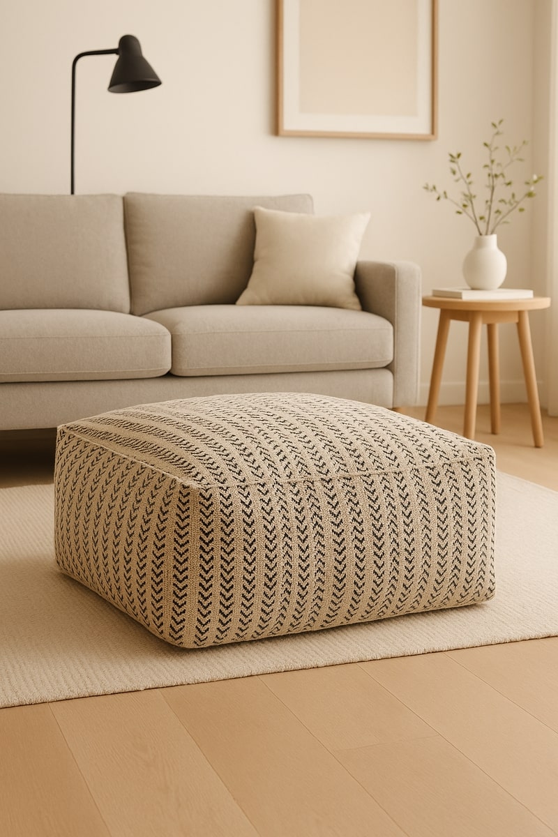 Bohemian handwoven cotton pouf footstool placed on a jute rug in cozy minimalist home decor