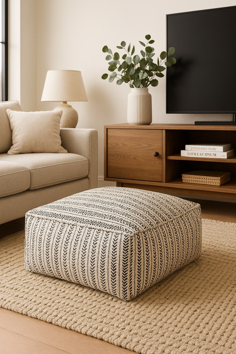 Square handwoven cotton pouf in neutral color palette used as modern bohemian footstool