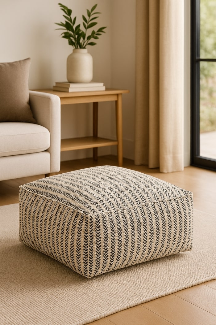 Modern boho cotton ottoman pouf with soft textured fabric and warm natural tones