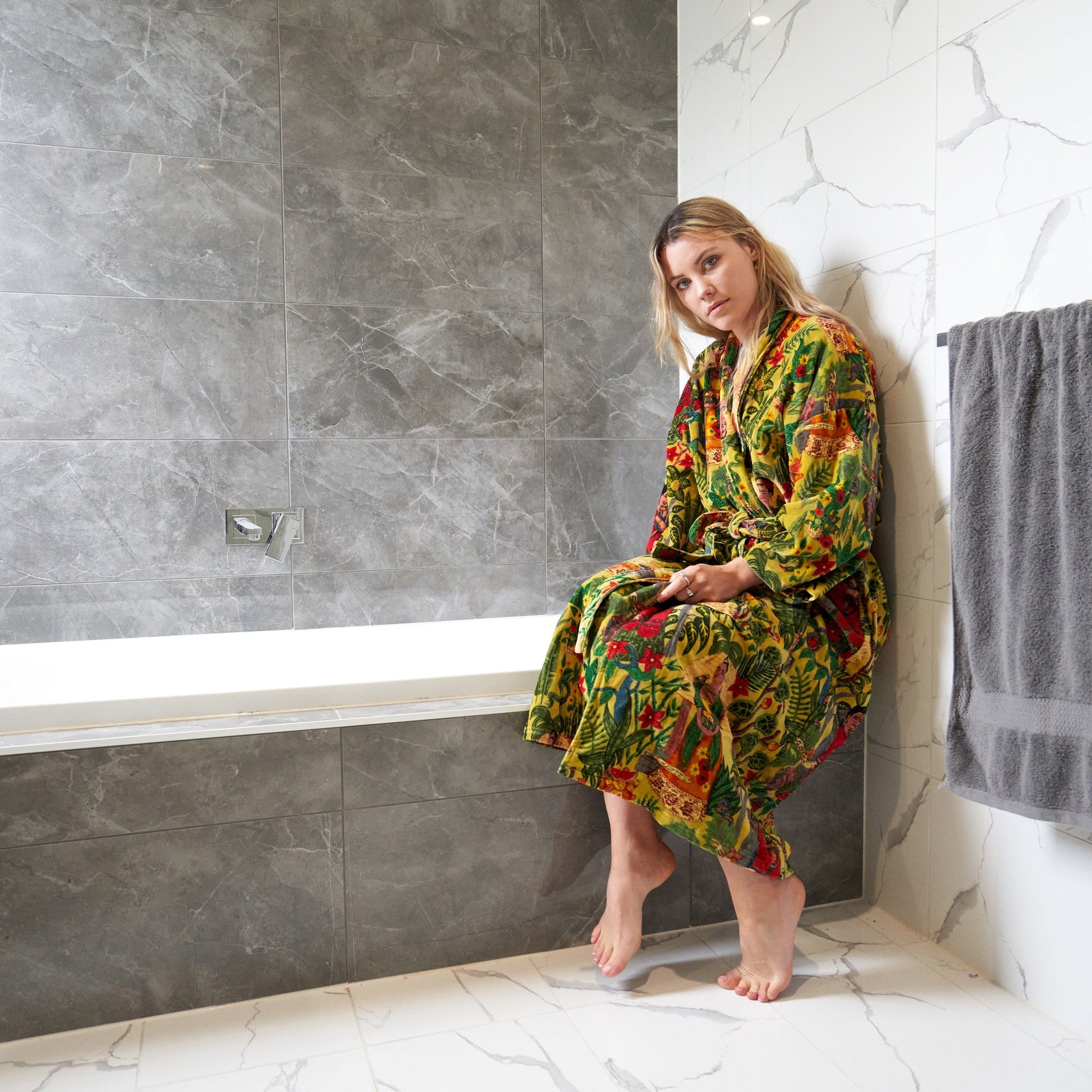 'Frida's Foliage' 100% Cotton Velvet Kimono Robe