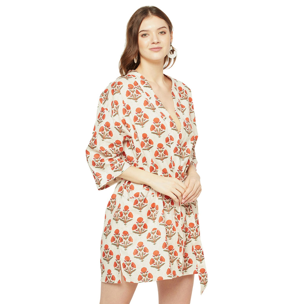 'Red Blooms' 100% Cotton Kimono Robe