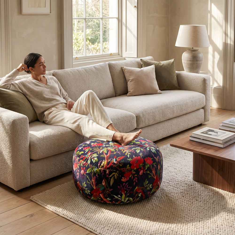 Decorative bird and floral ottoman cushion for bohemian living room and bedroom