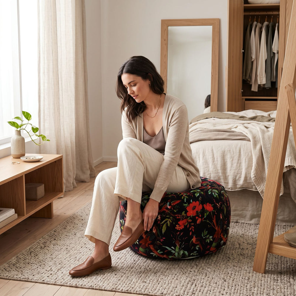 Boho decorative floor cushion featuring bird and floral artwork for cozy seating