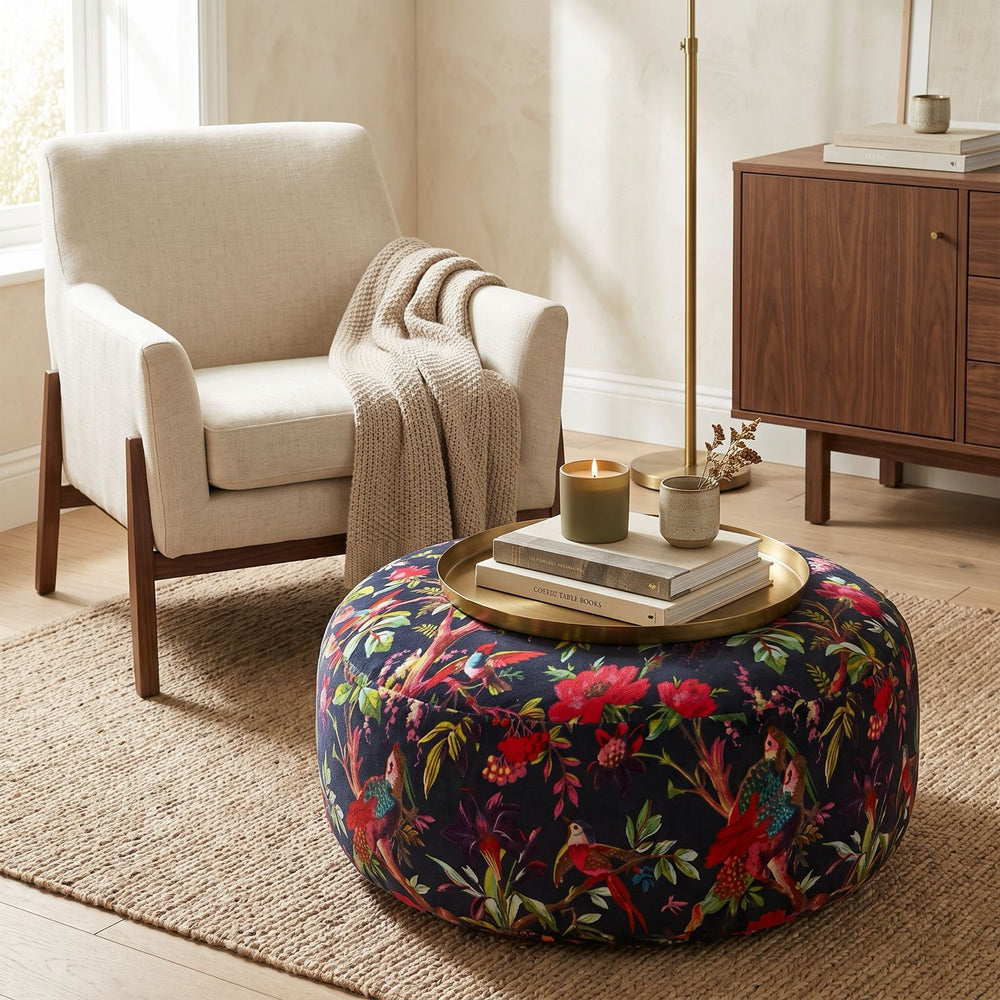 Bird and floral ottoman pouf by Glam Thread for eclectic and bohemian interiors