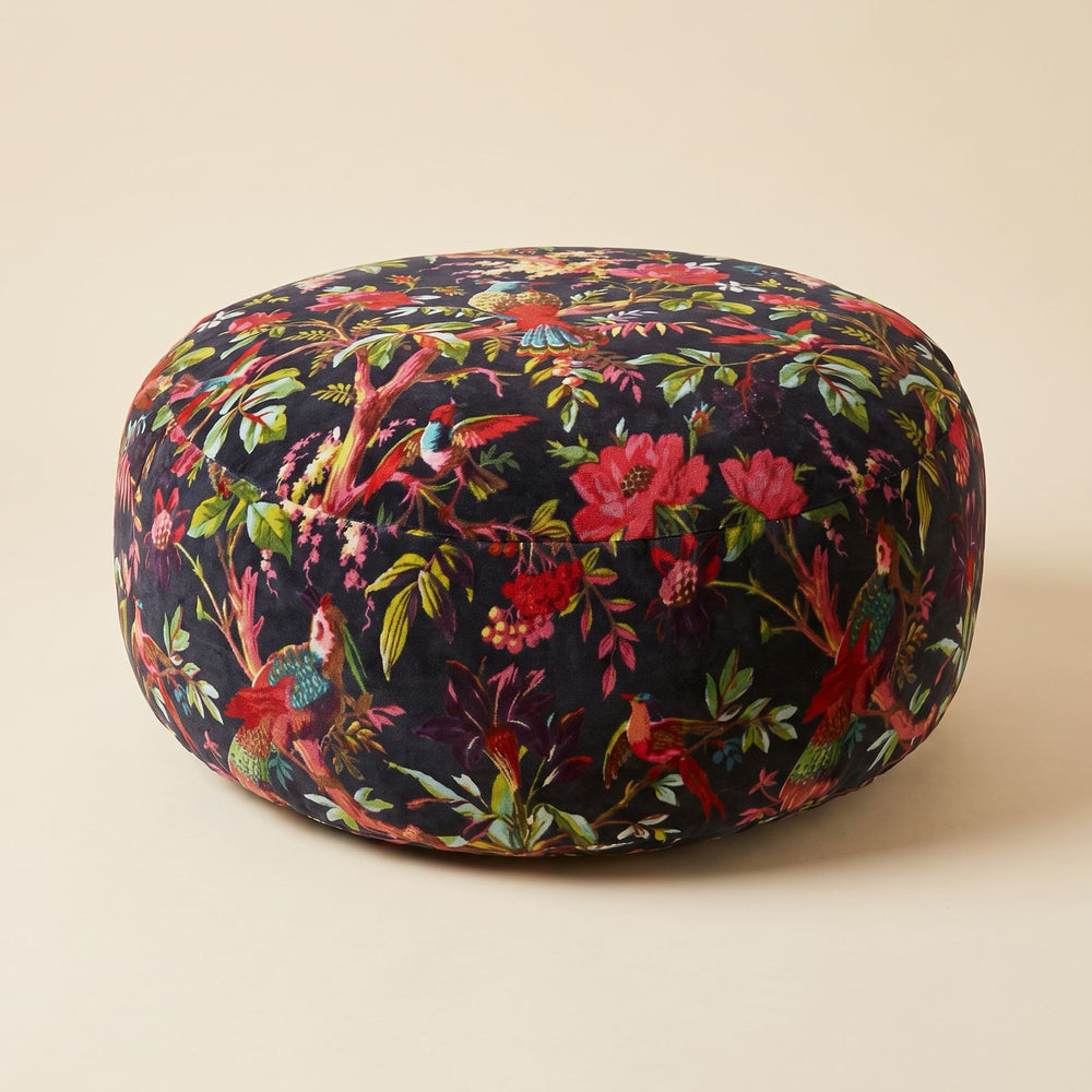 Nature-inspired bird and floral boho floor pouf perfect as a footrest or extra seat