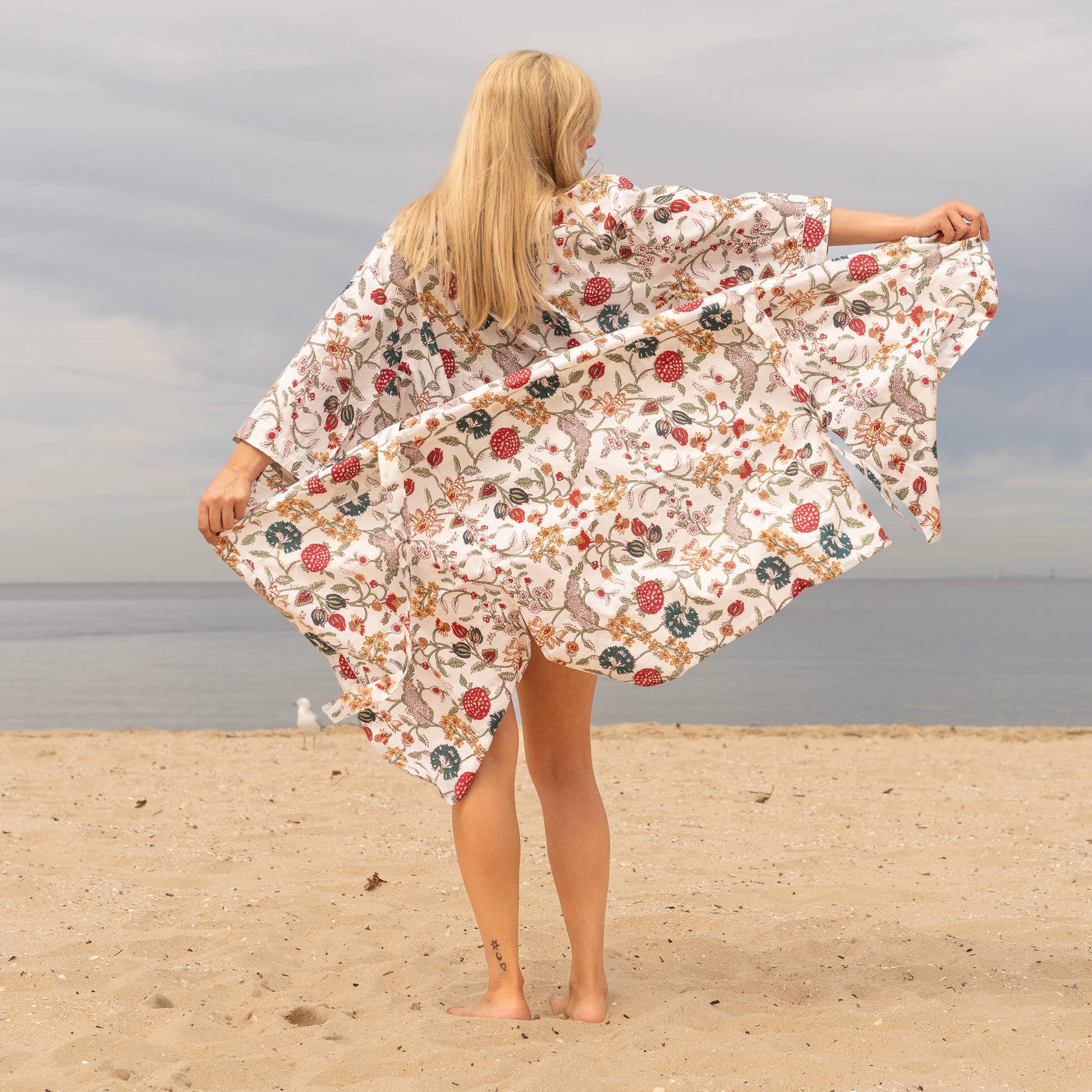 Floral White' Women's Cotton Kimono Robe