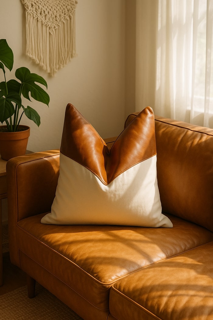Front view of Glam Thread 100% tan leather cushion cover – handmade rustic pillow for farmhouse décor.