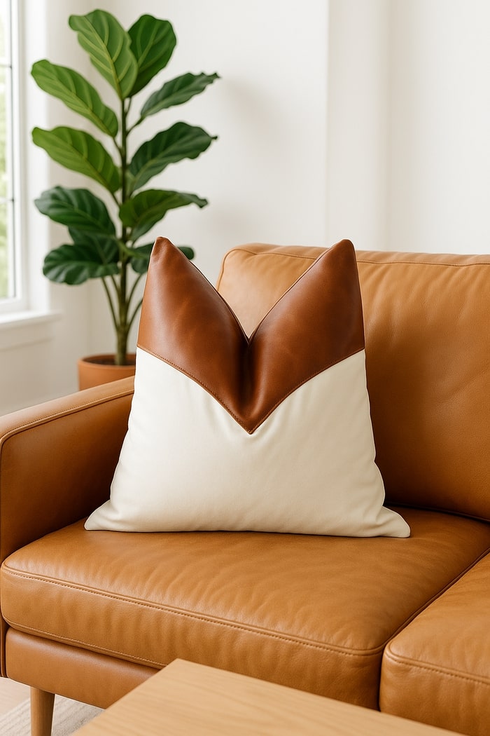 Back side of Glam Thread tan leather pillow cover showing craftsmanship and premium stitching.
