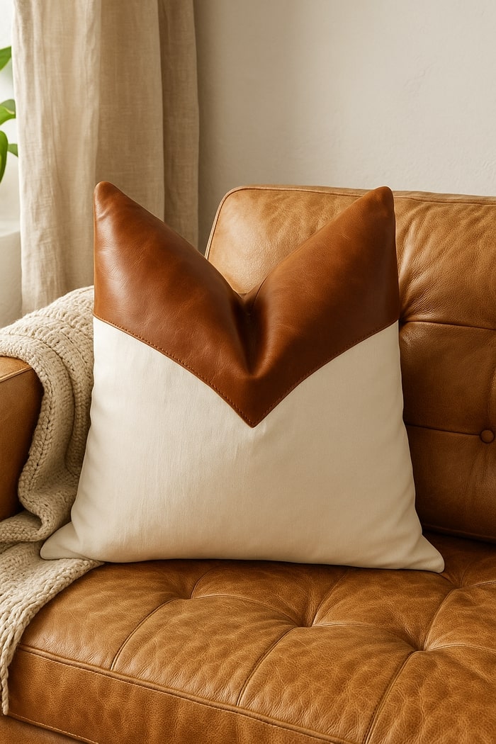 Handmade tan leather cushion cover styled on sofa – Glam Thread rustic farmhouse throw pillow.