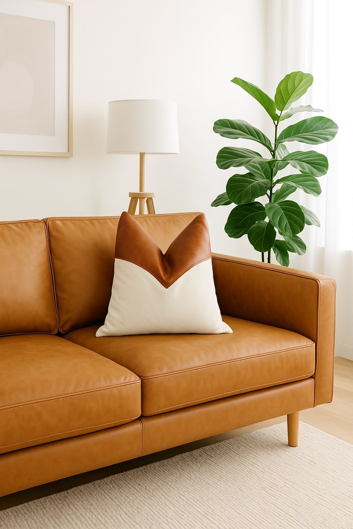 Close-up of genuine tan leather texture on Glam Thread handmade cushion cover – stylish and durable.