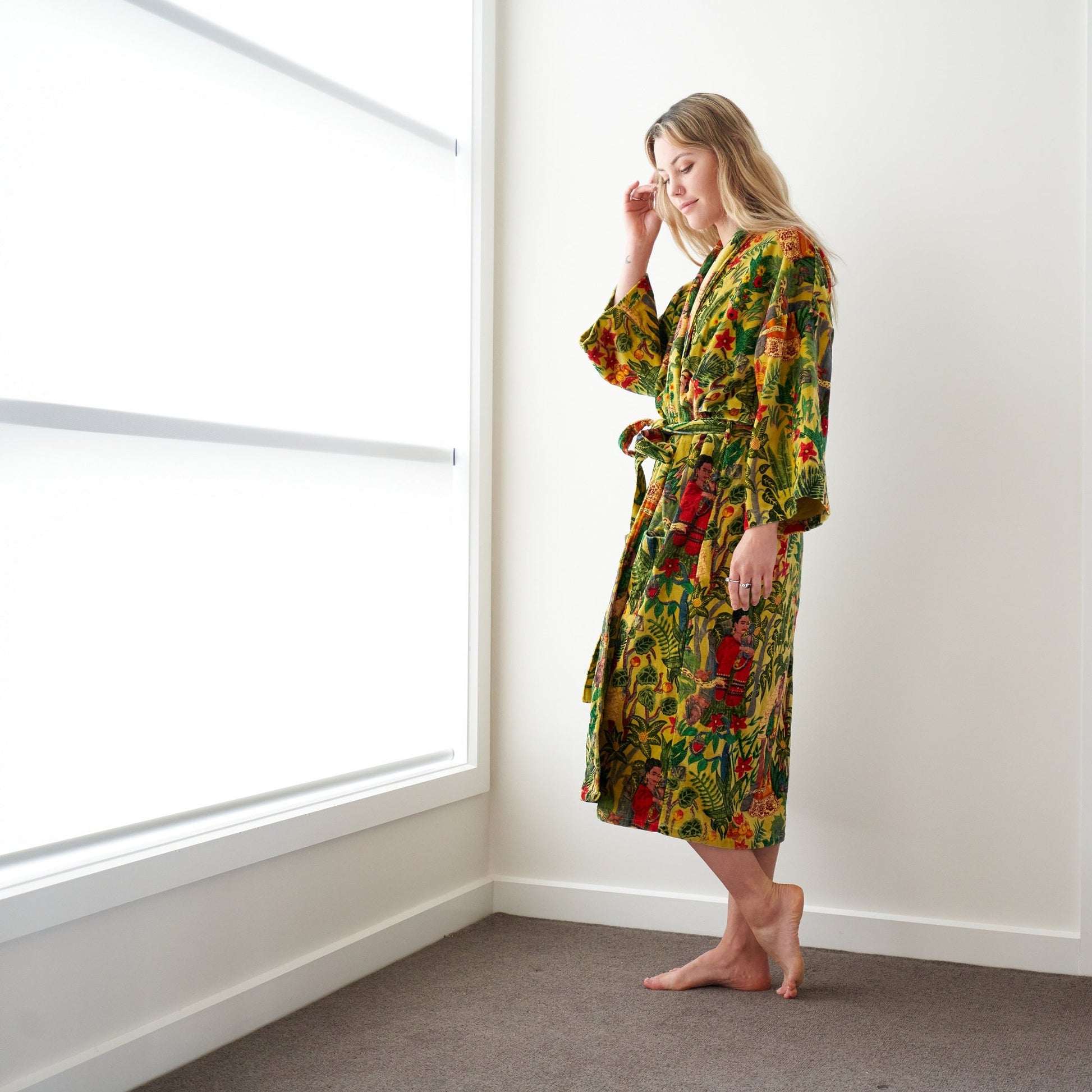'Frida's Foliage' 100% Cotton Velvet Kimono Robe