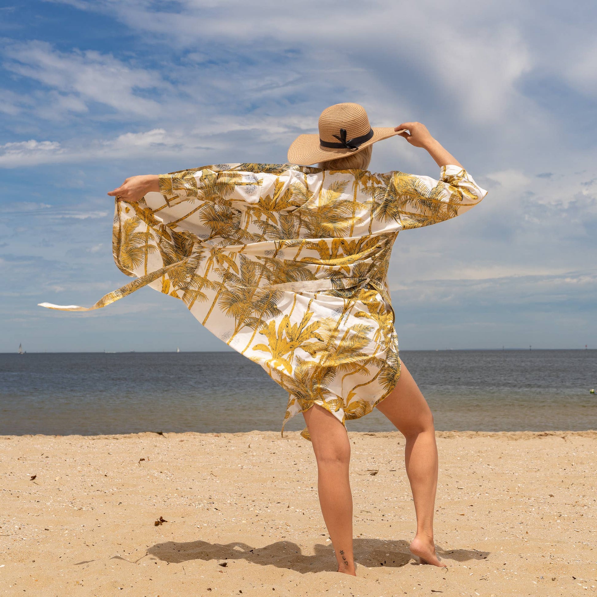 YELLOW PALM' Women's Cotton Kimono Robe