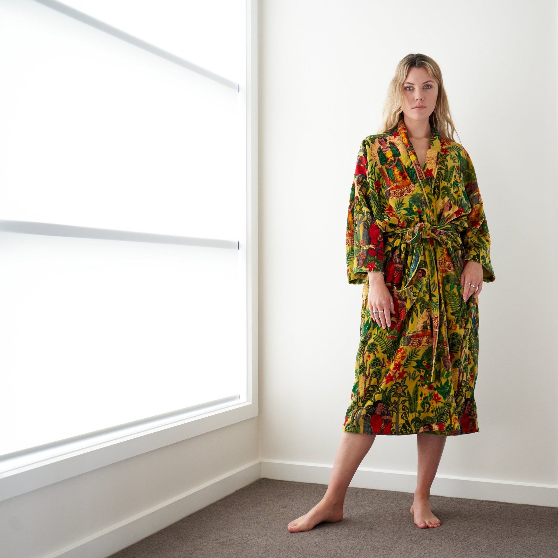 'Frida's Foliage' 100% Cotton Velvet Kimono Robe