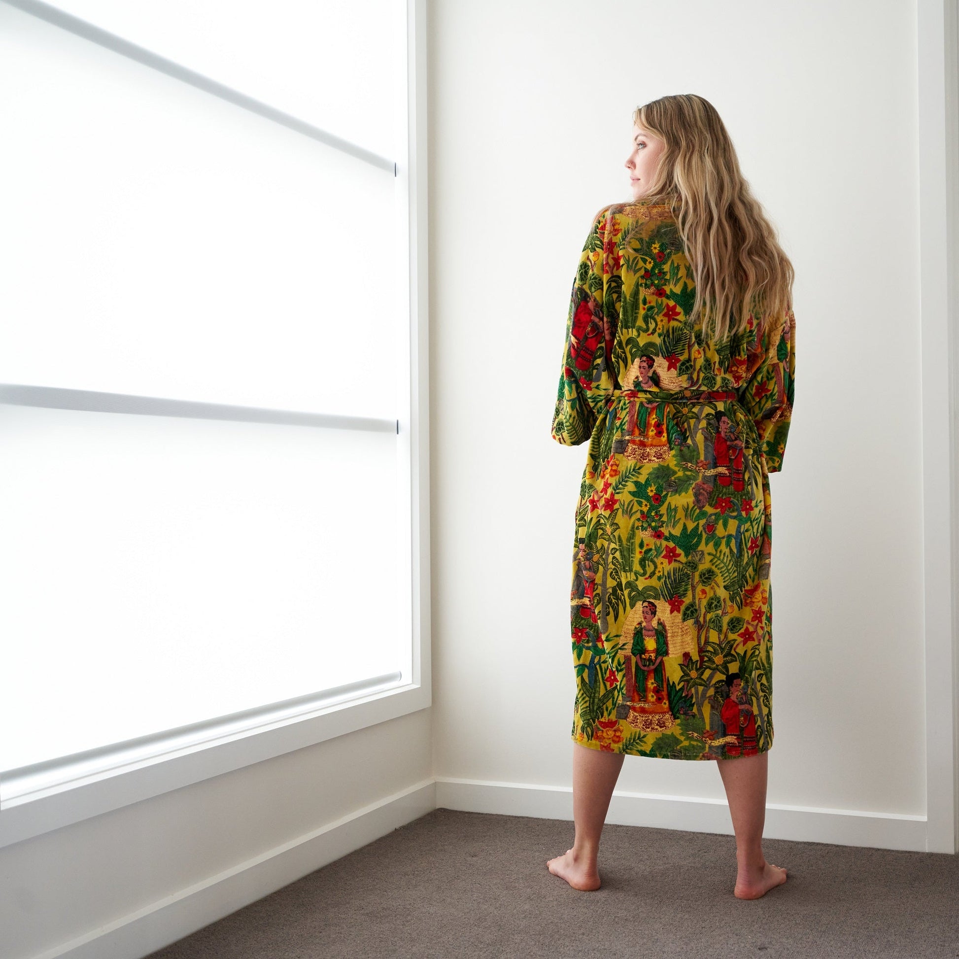 'Frida's Foliage' 100% Cotton Velvet Kimono Robe