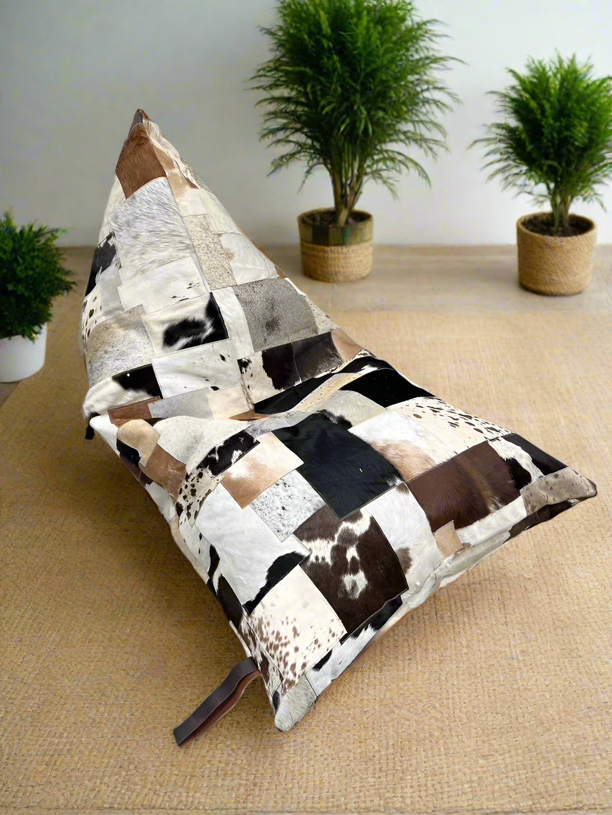 Artisan Cowhide Bean Bag Cover – Triangular Patchwork Lounger in Natural Tones
