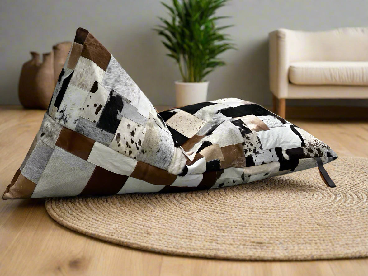 Artisan Cowhide Bean Bag Cover – Triangular Patchwork Lounger in Natural Tones