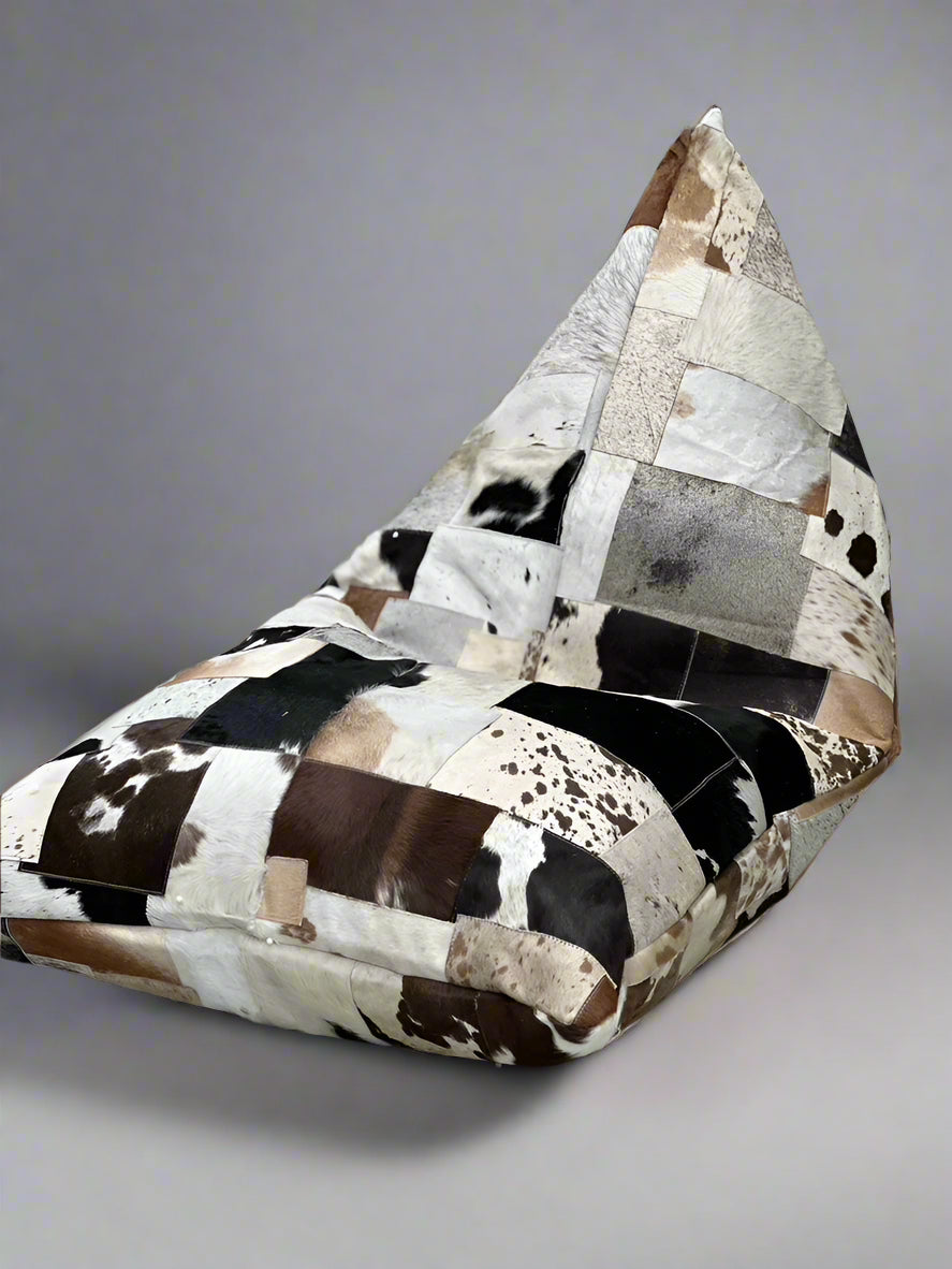 Artisan Cowhide Bean Bag Cover – Triangular Patchwork Lounger in Natural Tones