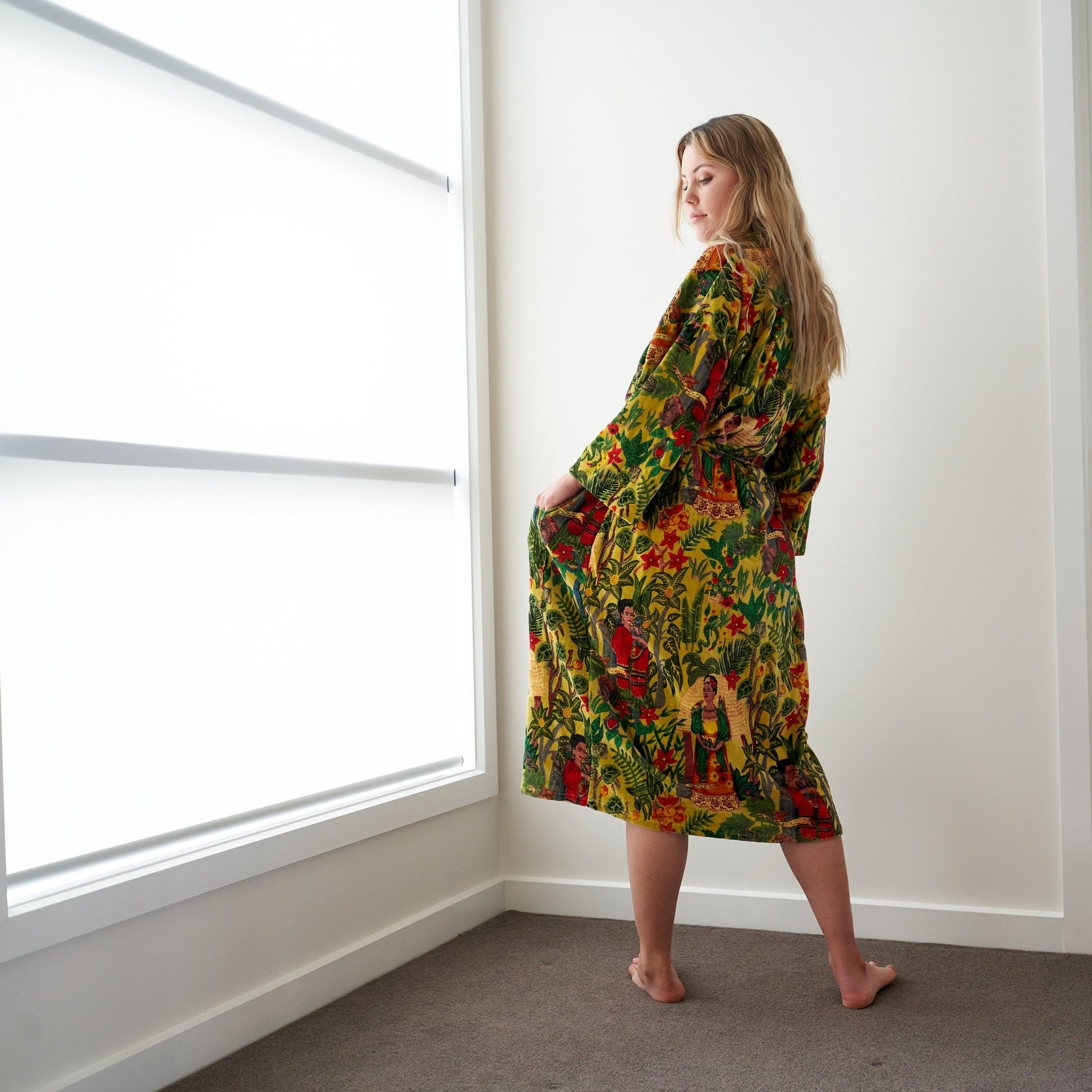 'Frida's Foliage' 100% Cotton Velvet Kimono Robe