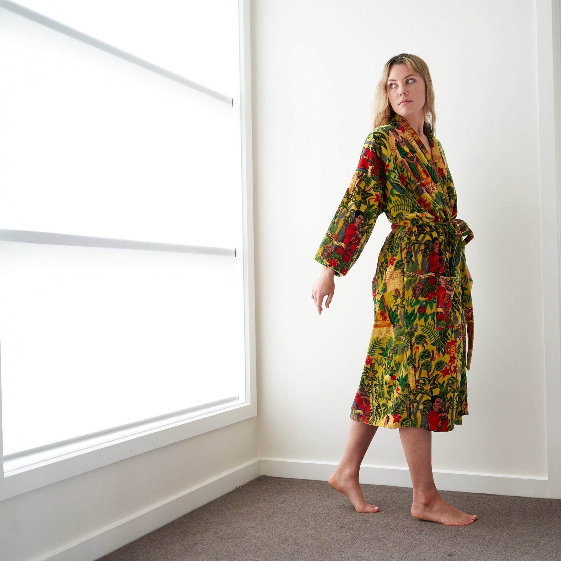 'Frida's Foliage' 100% Cotton Velvet Kimono Robe
