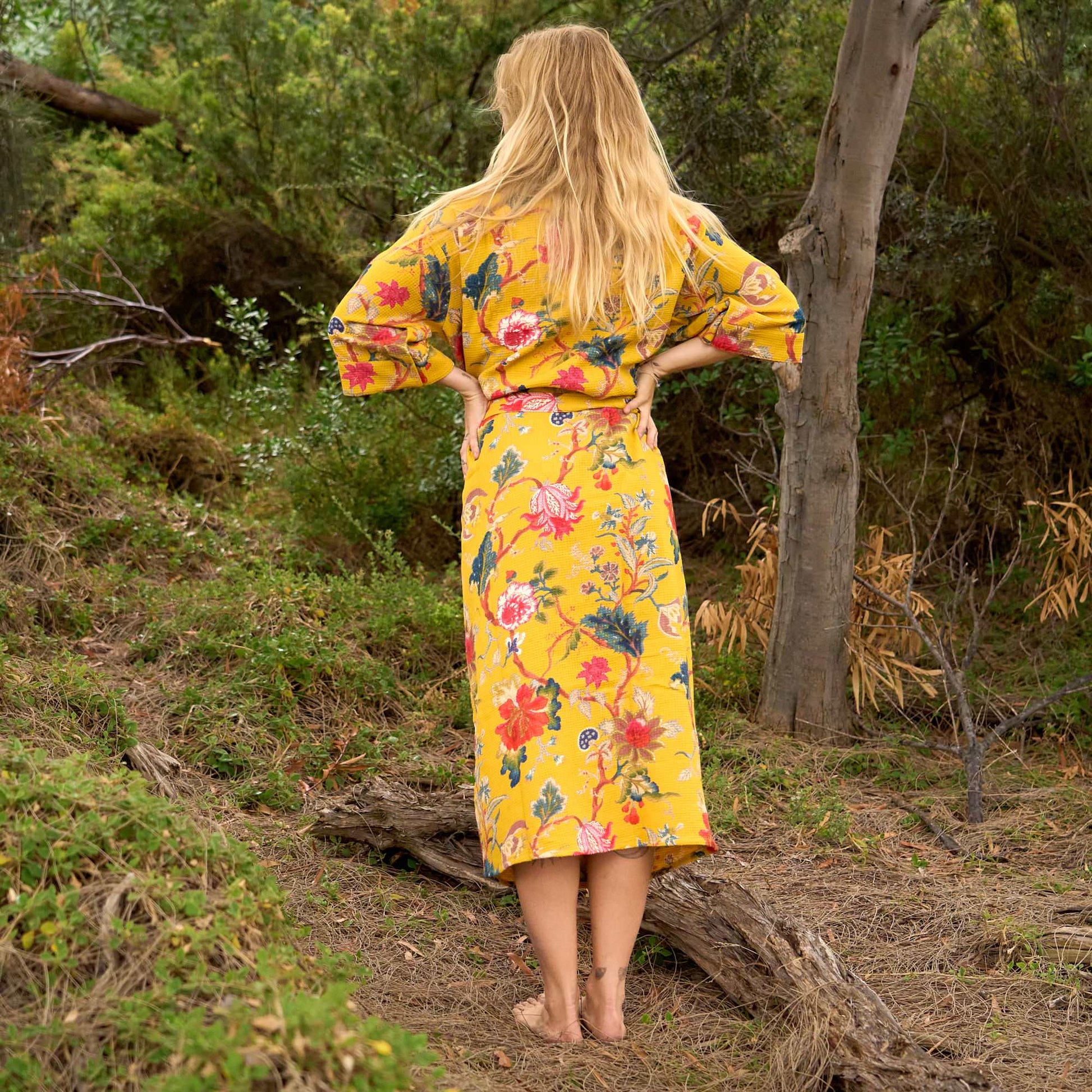 Golden Bloom Waffle Cotton Kimono Robe