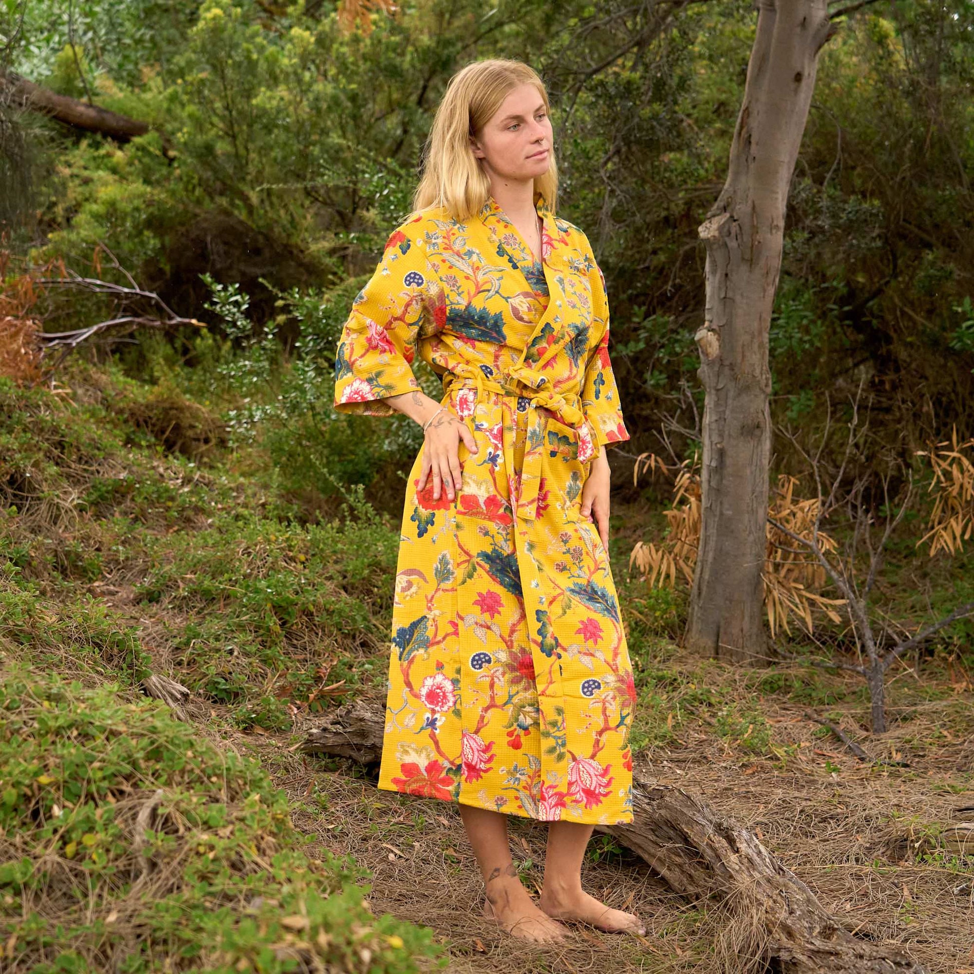 Golden Bloom Waffle Cotton Kimono Robe