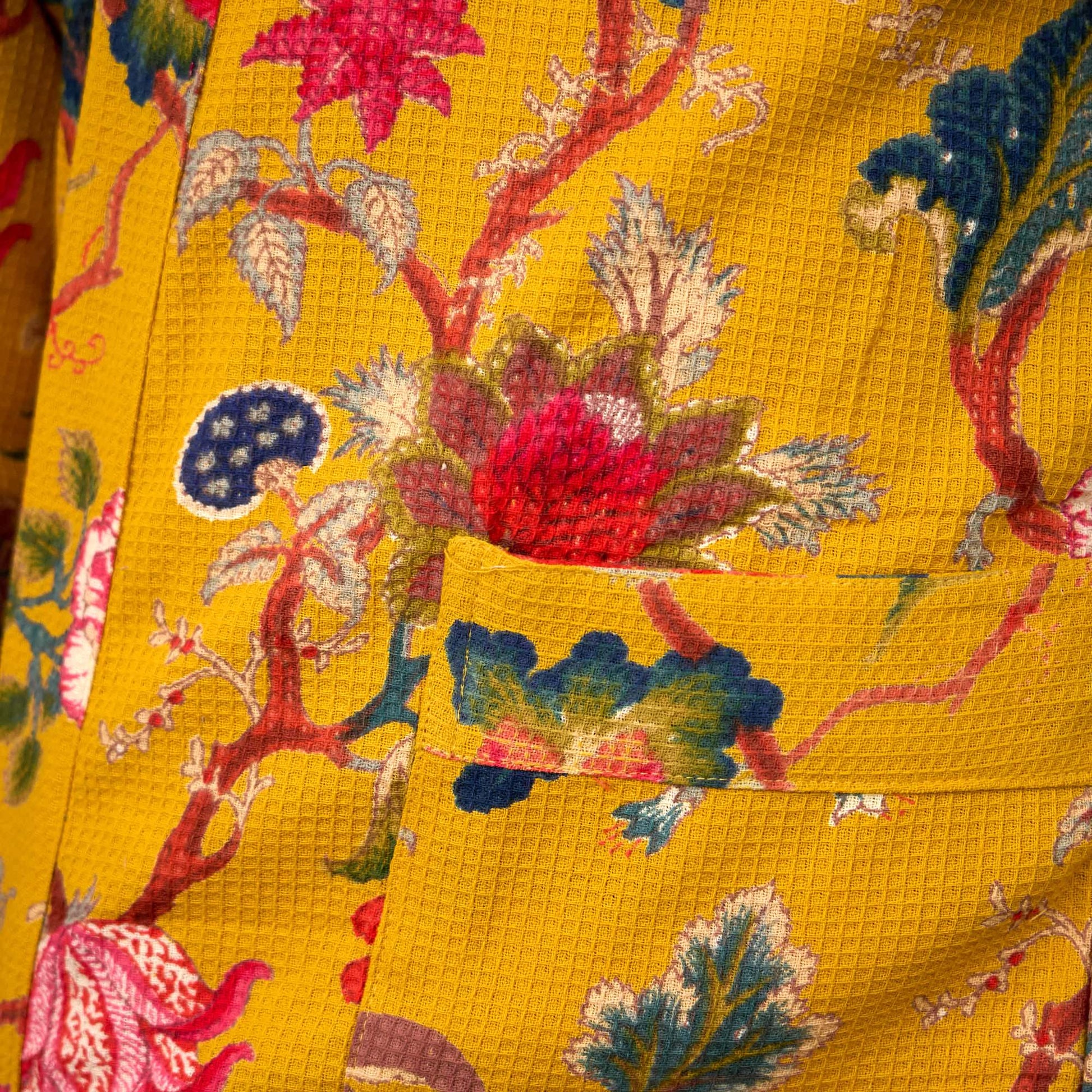 Golden Bloom Waffle Cotton Kimono Robe