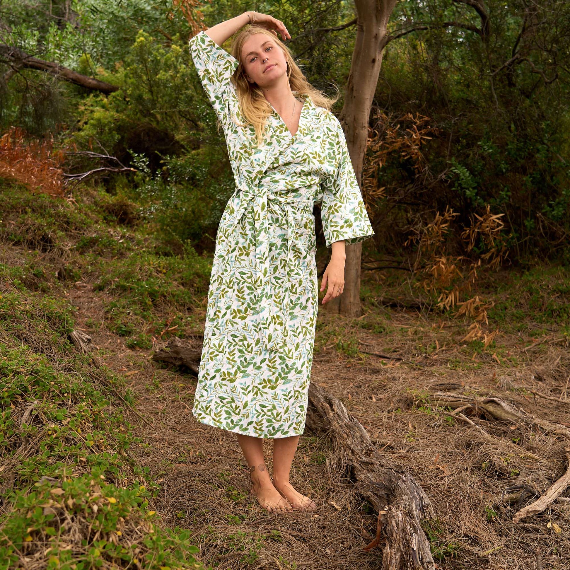 Whispering Leaves Cotton Kimono Robe - White & Green