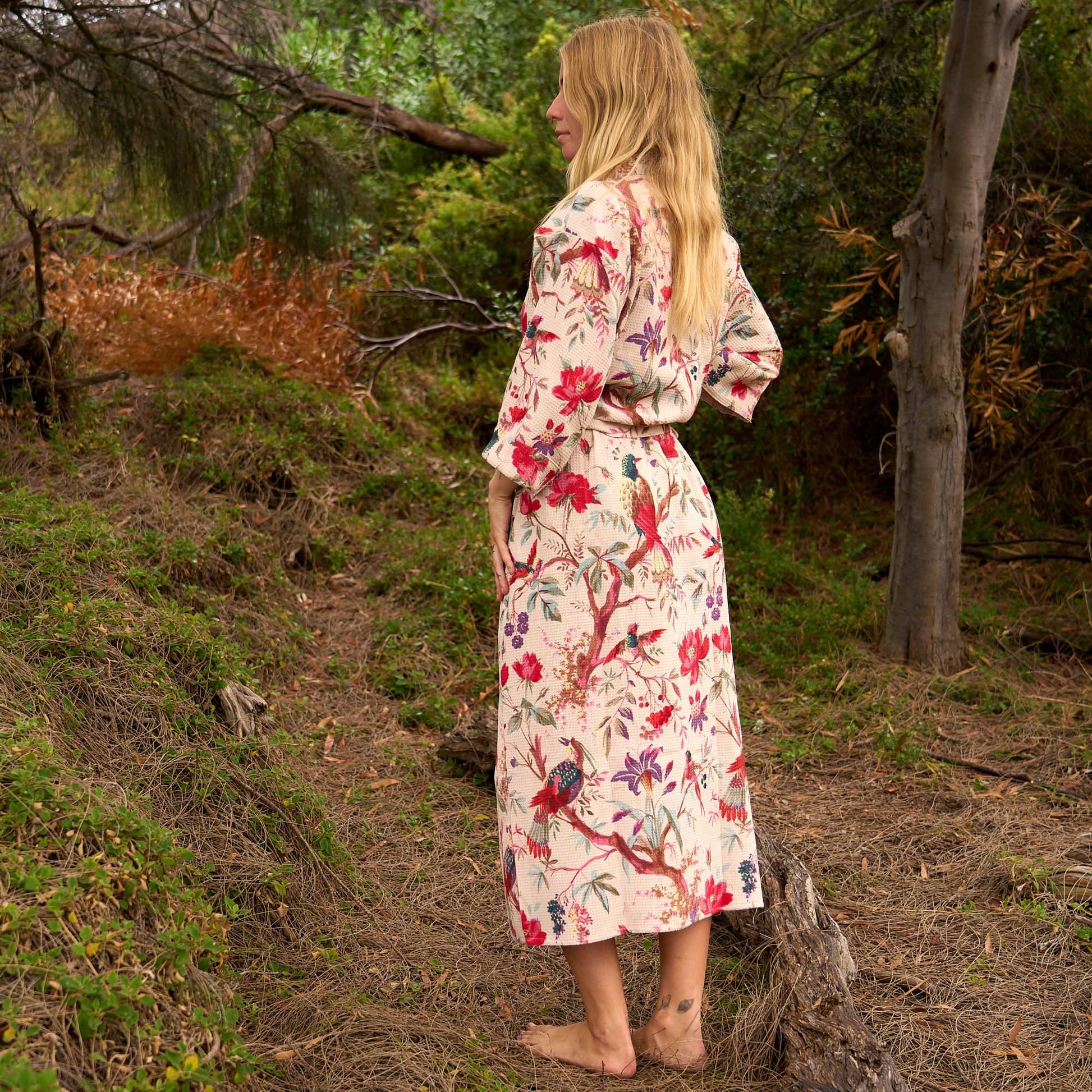Enchanted Aviary Cotton Waffle Kimono Robe