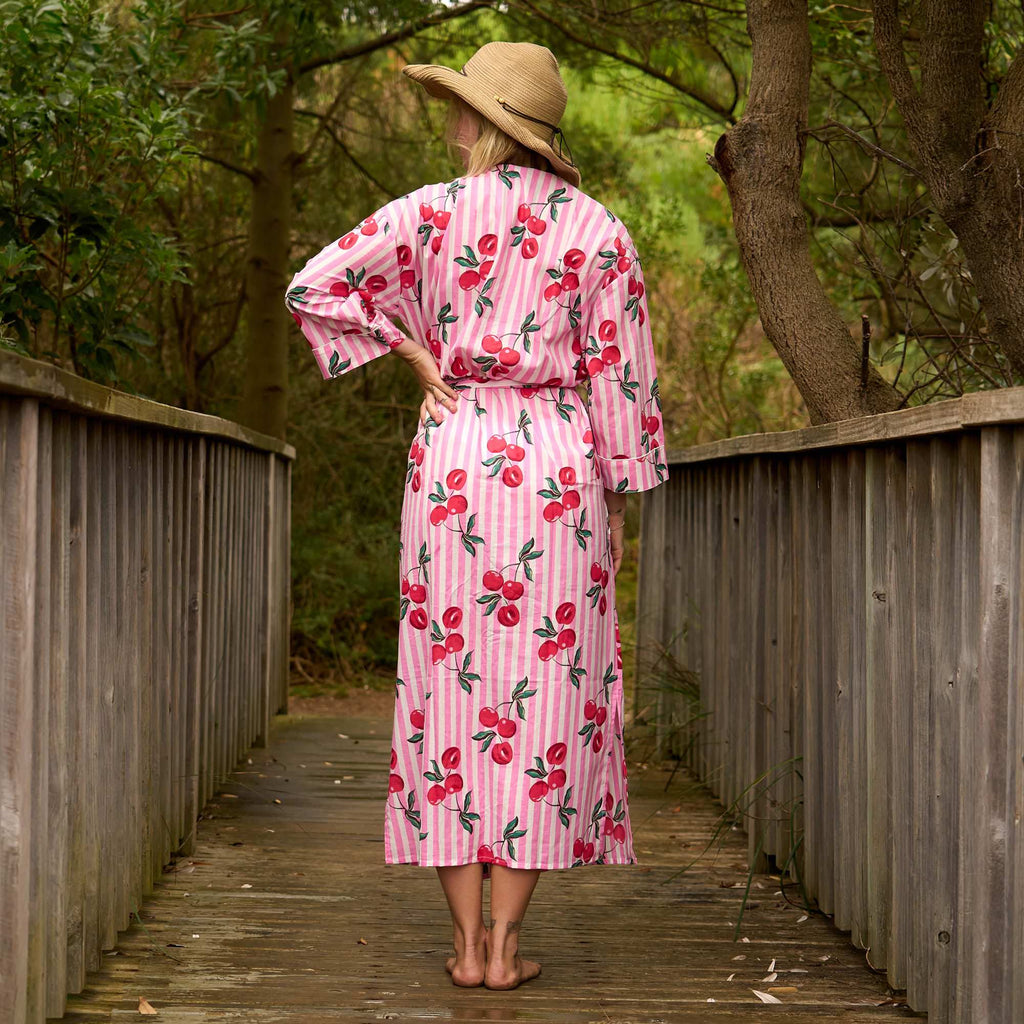 Women’s Pink Cherry Kimono Robe – Lightweight Cotton Cover-Up