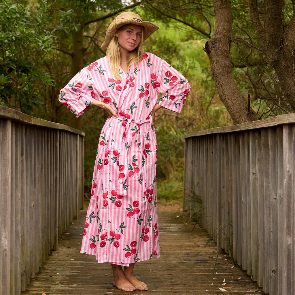 Women’s Pink Cherry Kimono Robe – Lightweight Cotton Cover-Up